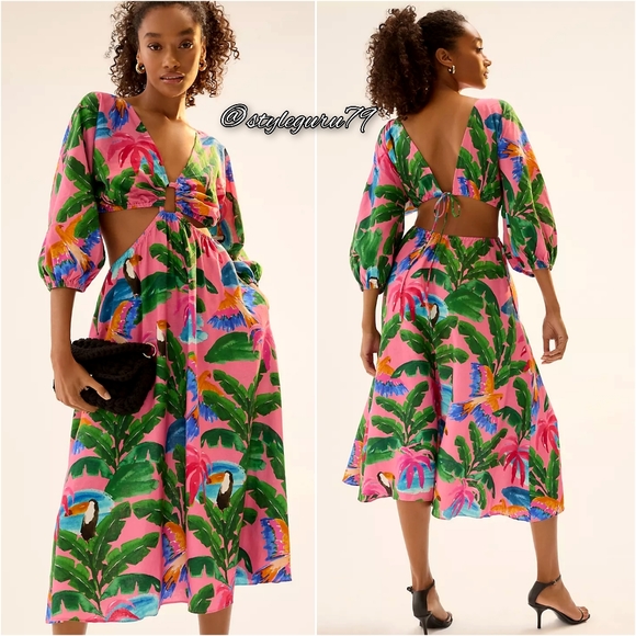 NWT, Farm Rio x Anthropologie Tropical Printed V-Neck Cutout Dress - Picture 2 of 3
